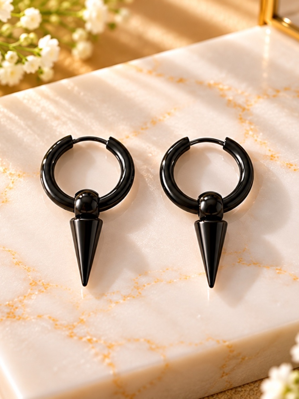 Stainless Steel Black Spike Hoop Earrings.
